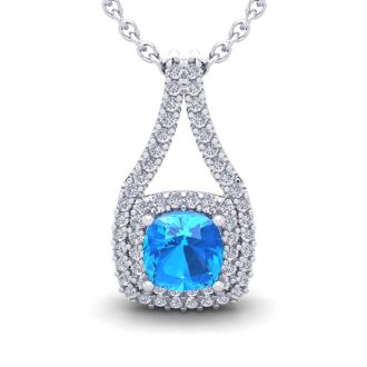 2 1/3 Carat Cushion Cut Blue Topaz and Double Halo Diamond Necklace In 14 Karat White Gold, 18 Inches