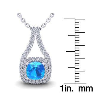 2 1/3 Carat Cushion Cut Blue Topaz and Double Halo Diamond Necklace In 14 Karat White Gold, 18 Inches