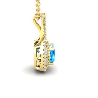 2 1/3 Carat Cushion Cut Blue Topaz and Double Halo Diamond Necklace In 14 Karat Yellow Gold, 18 Inches