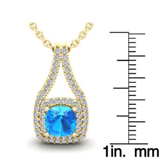 2 1/3 Carat Cushion Cut Blue Topaz and Double Halo Diamond Necklace In 14 Karat Yellow Gold, 18 Inches
