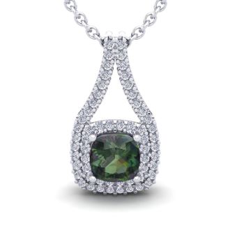 2-1/4 Carat Cushion Shape Mystic Topaz Necklace With Double Diamond Halo In 14 Karat White Gold, 18 Inches