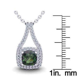 2-1/4 Carat Cushion Shape Mystic Topaz Necklace With Double Diamond Halo In 14 Karat White Gold, 18 Inches