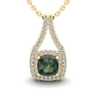 2-1/4 Carat Cushion Shape Mystic Topaz Necklace With Double Diamond Halo In 14 Karat Yellow Gold, 18 Inches