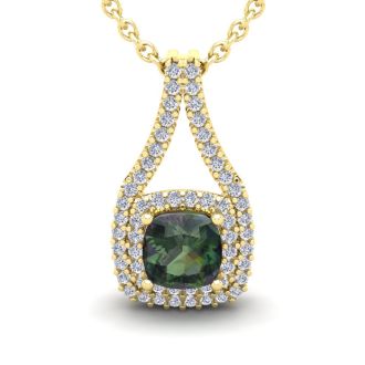2-1/4 Carat Cushion Shape Mystic Topaz Necklace With Double Diamond Halo In 14 Karat Yellow Gold, 18 Inches