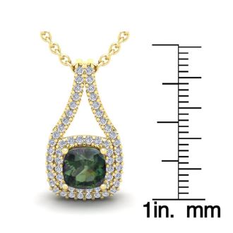 2-1/4 Carat Cushion Shape Mystic Topaz Necklace With Double Diamond Halo In 14 Karat Yellow Gold, 18 Inches