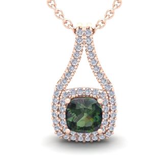 2-1/4 Carat Cushion Shape Mystic Topaz Necklace With Double Diamond Halo In 14 Karat Rose Gold, 18 Inches