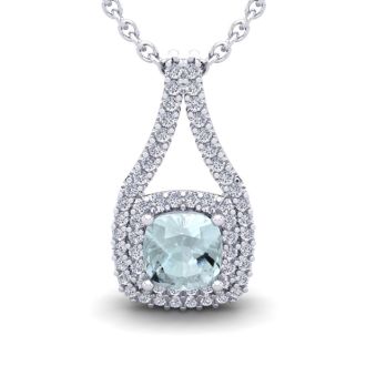Aquamarine Necklace: Aquamarine Jewelry: 2 1/4 Carat Cushion Cut Aquamarine and Double Halo Diamond Necklace In 14 Karat White Gold, 18 Inches