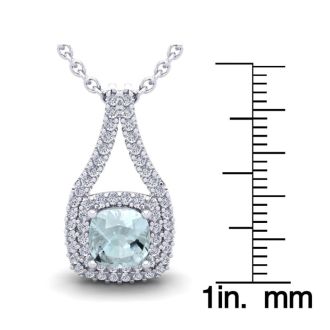 Aquamarine Necklace: Aquamarine Jewelry: 2 1/4 Carat Cushion Cut Aquamarine and Double Halo Diamond Necklace In 14 Karat White Gold, 18 Inches
