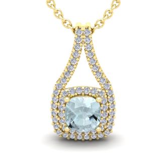 Aquamarine Necklace: Aquamarine Jewelry: 2 1/4 Carat Cushion Cut Aquamarine and Double Halo Diamond Necklace In 14 Karat Yellow Gold, 18 Inches