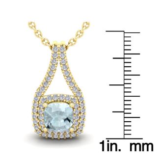 Aquamarine Necklace: Aquamarine Jewelry: 2 1/4 Carat Cushion Cut Aquamarine and Double Halo Diamond Necklace In 14 Karat Yellow Gold, 18 Inches