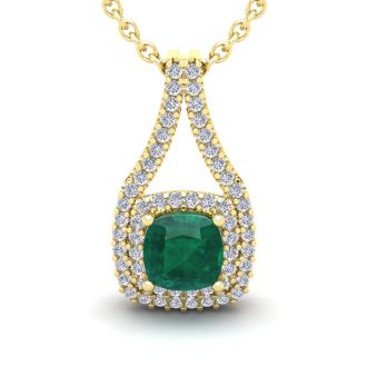2 Carat Cushion Shape Emerald Necklaces With Double Halo Diamonds In 14 Karat Yellow Gold, 18 Inch Chain