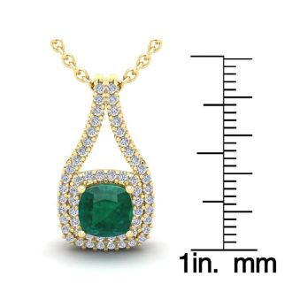 2 Carat Cushion Shape Emerald Necklaces With Double Halo Diamonds In 14 Karat Yellow Gold, 18 Inch Chain