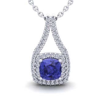 2 Carat Cushion Cut Tanzanite and Double Halo Diamond Necklace In 14 Karat White Gold, 18 Inches