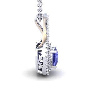 2 Carat Cushion Cut Tanzanite and Double Halo Diamond Necklace In 14 Karat White Gold, 18 Inches