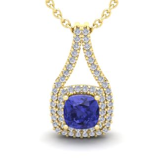 2 Carat Cushion Cut Tanzanite and Double Halo Diamond Necklace In 14 Karat Yellow Gold, 18 Inches