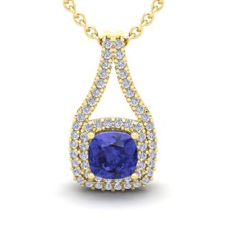 2 Carat Cushion Cut Tanzanite and Double Halo Diamond Necklace In 14 Karat Yellow Gold, 18 Inches