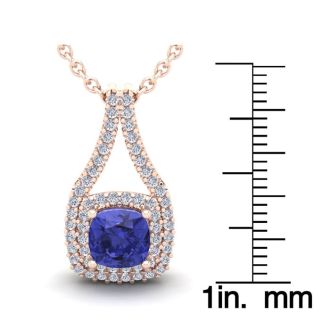 2 Carat Cushion Cut Tanzanite and Double Halo Diamond Necklace In 14 Karat Rose Gold, 18 Inches