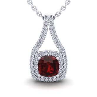 Garnet Necklace: Garnet Jewelry: 2 Carat Cushion Cut Garnet and Double Halo Diamond Necklace In 14 Karat White Gold, 18 Inches