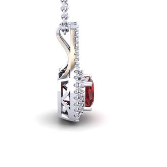 Garnet Necklace: Garnet Jewelry: 2 Carat Cushion Cut Garnet and Double Halo Diamond Necklace In 14 Karat White Gold, 18 Inches