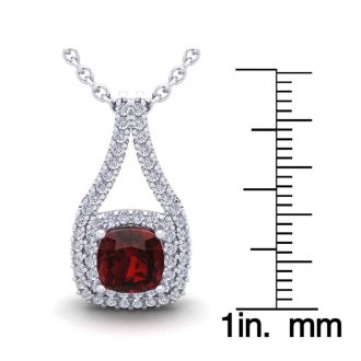 Garnet Necklace: Garnet Jewelry: 2 Carat Cushion Cut Garnet and Double Halo Diamond Necklace In 14 Karat White Gold, 18 Inches