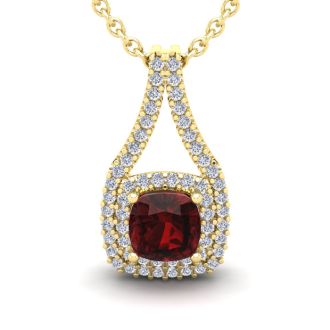 Garnet Necklace: Garnet Jewelry: 2 Carat Cushion Cut Garnet and Double Halo Diamond Necklace In 14 Karat Yellow Gold, 18 Inches