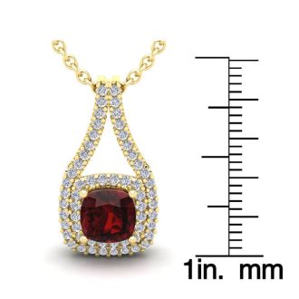 Garnet Necklace: Garnet Jewelry: 2 Carat Cushion Cut Garnet and Double Halo Diamond Necklace In 14 Karat Yellow Gold, 18 Inches