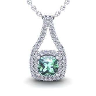 2 Carat Cushion Cut Green Amethyst and Double Halo Diamond Necklace In 14 Karat White Gold, 18 Inches