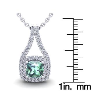2 Carat Cushion Cut Green Amethyst and Double Halo Diamond Necklace In 14 Karat White Gold, 18 Inches