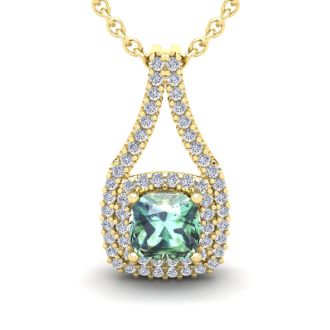 2 Carat Cushion Cut Green Amethyst and Double Halo Diamond Necklace In 14 Karat Yellow Gold, 18 Inches