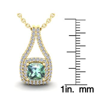 2 Carat Cushion Cut Green Amethyst and Double Halo Diamond Necklace In 14 Karat Yellow Gold, 18 Inches