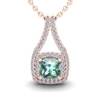 2 Carat Cushion Cut Green Amethyst and Double Halo Diamond Necklace In 14 Karat Rose Gold, 18 Inches