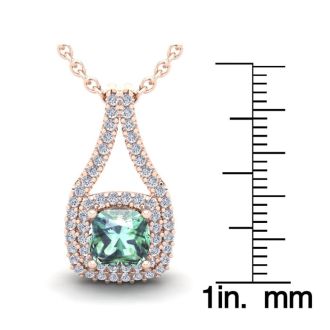 2 Carat Cushion Cut Green Amethyst and Double Halo Diamond Necklace In 14 Karat Rose Gold, 18 Inches