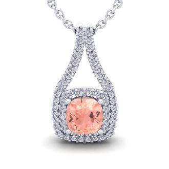 2-1/4 Carat Cushion Shape Morganite Necklace and Double Diamond Halo In 14 Karat White Gold With 18 Inch Chain
