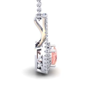 2-1/4 Carat Cushion Shape Morganite Necklace and Double Diamond Halo In 14 Karat White Gold With 18 Inch Chain