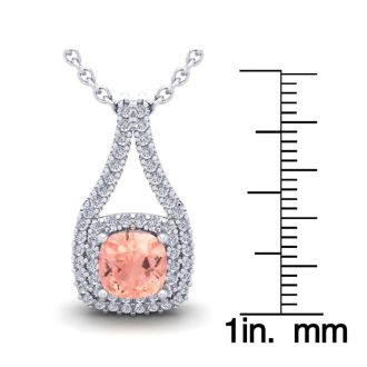 2-1/4 Carat Cushion Shape Morganite Necklace and Double Diamond Halo In 14 Karat White Gold With 18 Inch Chain