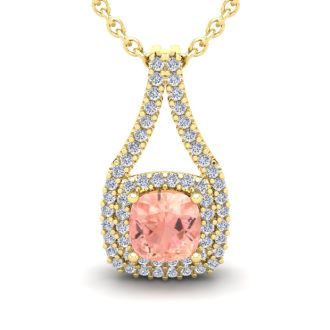 2-1/4 Carat Cushion Shape Morganite Necklace and Double Diamond Halo In 14 Karat Yellow Gold With 18 Inch Chain