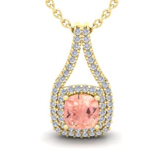 2-1/4 Carat Cushion Shape Morganite Necklace and Double Diamond Halo In 14 Karat Yellow Gold With 18 Inch Chain