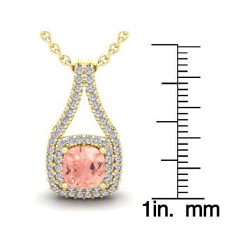 2-1/4 Carat Cushion Shape Morganite Necklace and Double Diamond Halo In 14 Karat Yellow Gold With 18 Inch Chain
