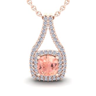 2-1/4 Carat Cushion Shape Morganite Necklace and Double Diamond Halo In 14 Karat Rose Gold With 18 Inch Chain