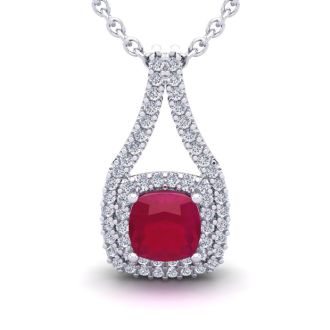 2 1/3 Carat Cushion Cut Ruby and Double Halo Diamond Necklace In 14 Karat White Gold, 18 Inches