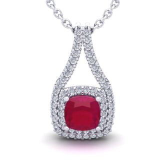 2 1/3 Carat Cushion Cut Ruby and Double Halo Diamond Necklace In 14 Karat White Gold, 18 Inches