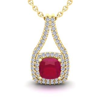 2 1/3 Carat Cushion Cut Ruby and Double Halo Diamond Necklace In 14 Karat Yellow Gold, 18 Inches