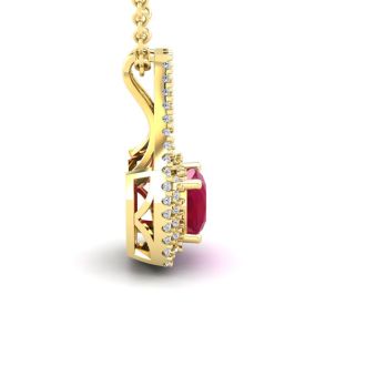 2 1/3 Carat Cushion Cut Ruby and Double Halo Diamond Necklace In 14 Karat Yellow Gold, 18 Inches