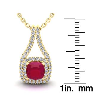 2 1/3 Carat Cushion Cut Ruby and Double Halo Diamond Necklace In 14 Karat Yellow Gold, 18 Inches