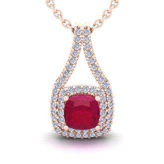 2 1/3 Carat Cushion Cut Ruby and Double Halo Diamond Necklace In 14 Karat Rose Gold, 18 Inches