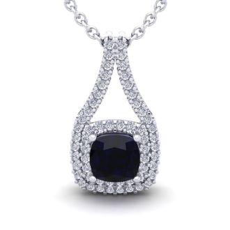 2 1/3 Carat Cushion Cut Sapphire and Double Halo Diamond Necklace In 14 Karat White Gold, 18 Inches