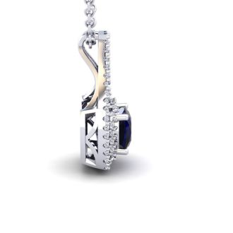 2 1/3 Carat Cushion Cut Sapphire and Double Halo Diamond Necklace In 14 Karat White Gold, 18 Inches
