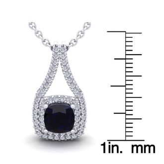 2 1/3 Carat Cushion Cut Sapphire and Double Halo Diamond Necklace In 14 Karat White Gold, 18 Inches