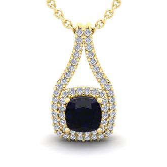 2 1/3 Carat Cushion Cut Sapphire and Double Halo Diamond Necklace In 14 Karat Yellow Gold, 18 Inches