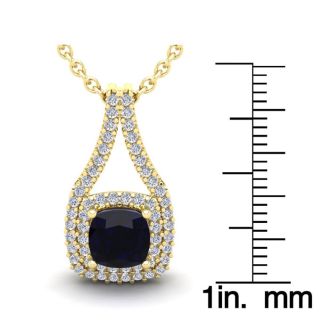 2 1/3 Carat Cushion Cut Sapphire and Double Halo Diamond Necklace In 14 Karat Yellow Gold, 18 Inches